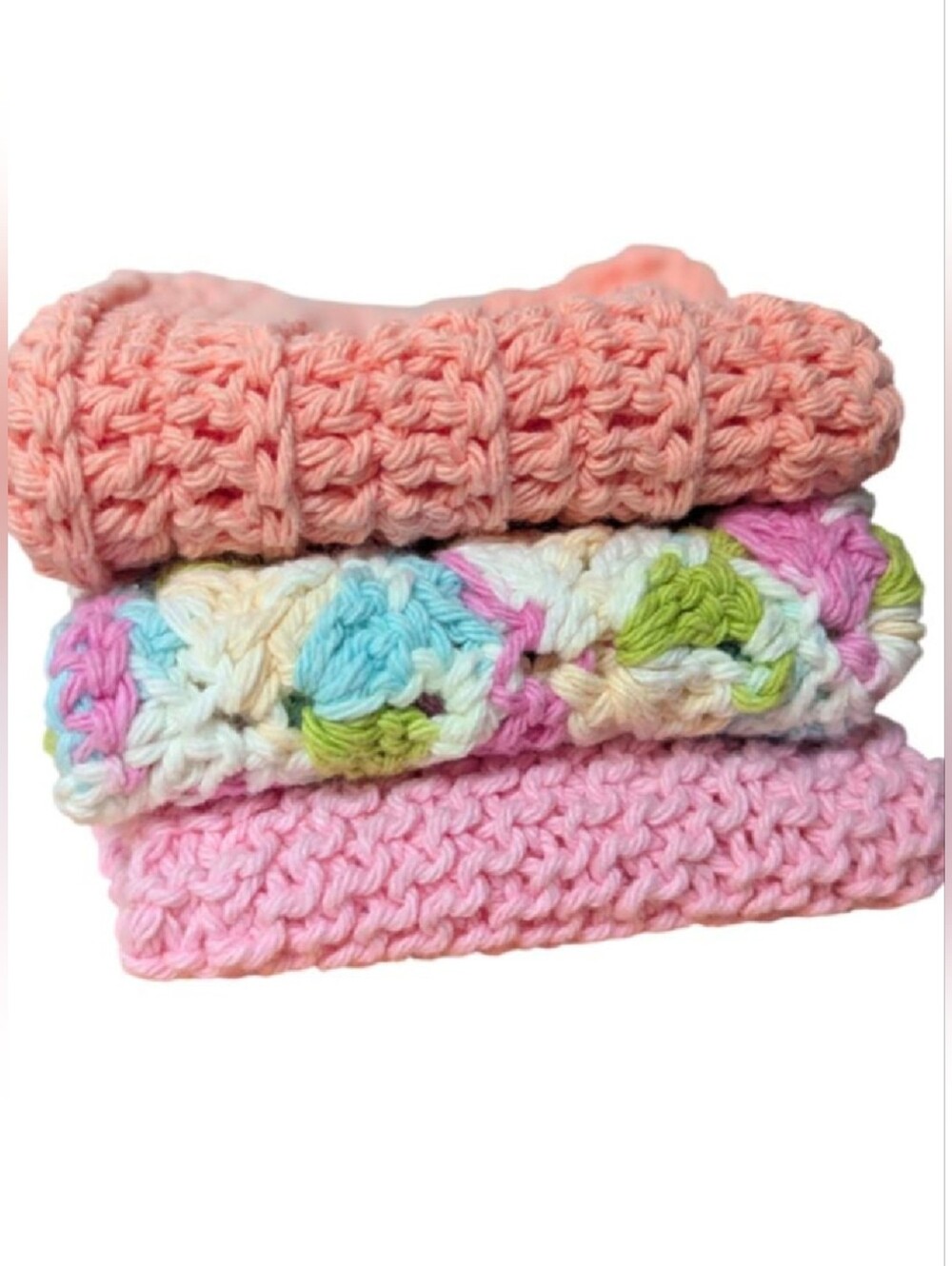 🆕 Set Of 3 Handmade Larger Sized Soft Pastel Knitted Dish Clothes Cozy Kitchen